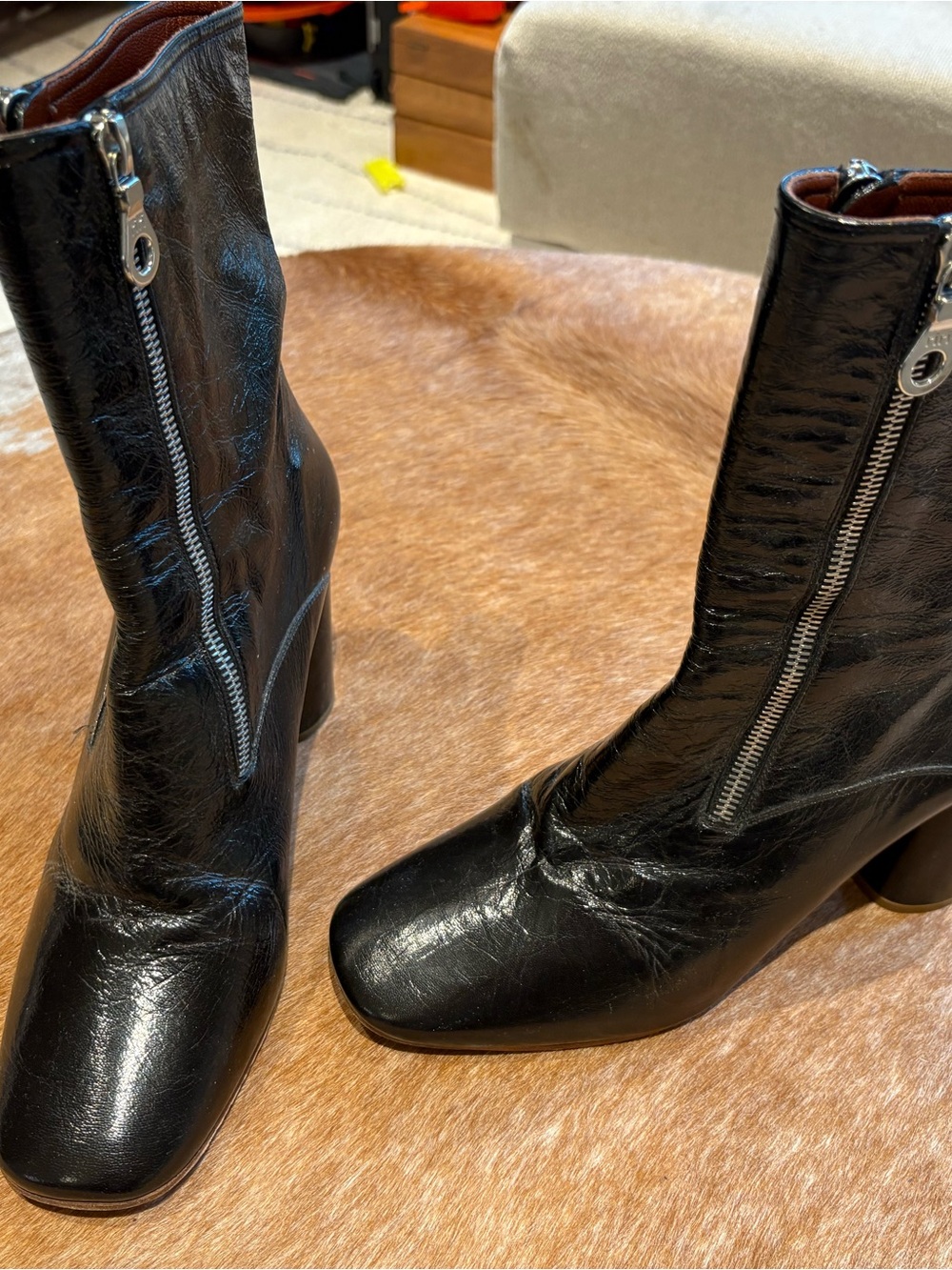 Marc Jacobs Black Leather Square-Toe Zip-Front Block Heel Boots